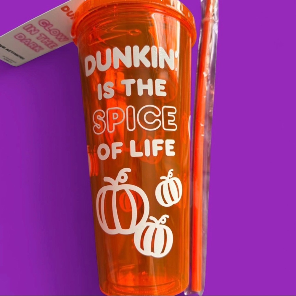 Glow in the dark Dunkin' Orange Pumpkin Tumbler Cup with Straw